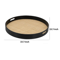 Zam 20 Inch Round Wood Decorative Tray, Rattan Woven Bottom, Black Finish - BM302619