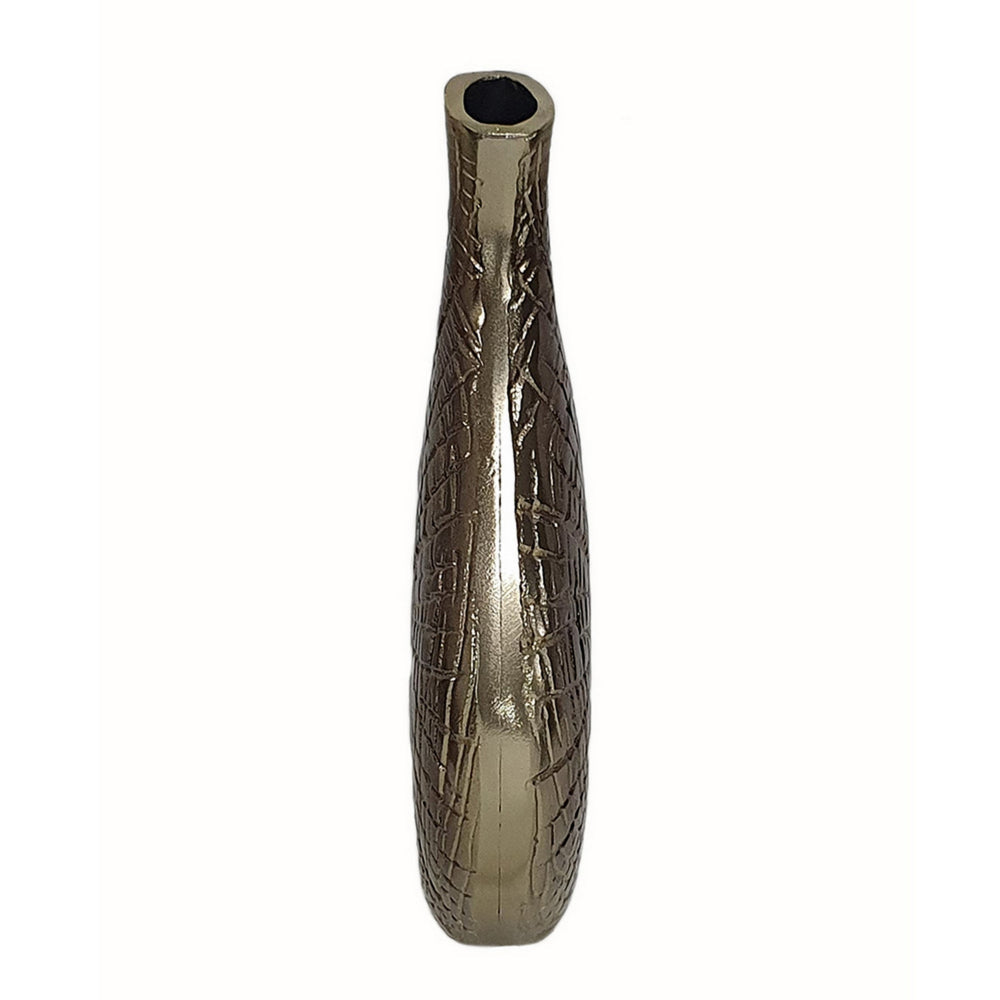 Zelo 11 Inch Decorative Vase, Aluminum, Webbed Design, Bottleneck, Gold - BM302622