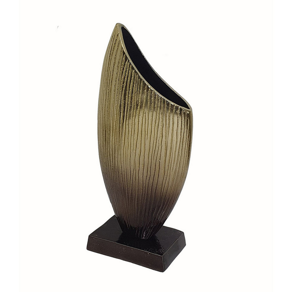 15 Inch Decorative Vase, Aluminum, Vertical Ribbing, Gold and Jet Black - BM302628