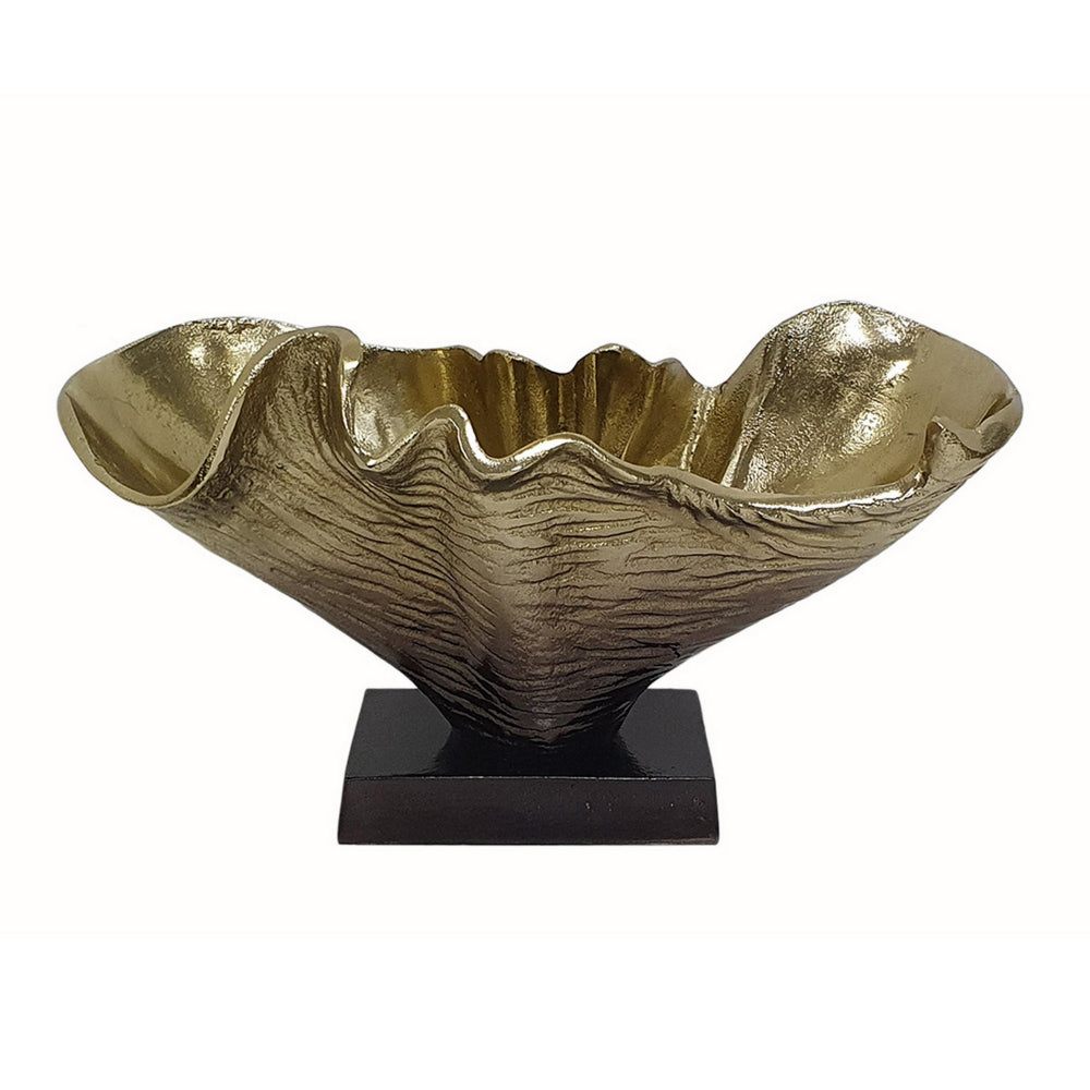 15 Inch Curved Shell Decorative Bowl, Aluminum, Square Base, Gold and Black - BM302630