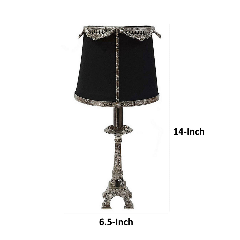 14 Inch Table Lamp, Metal Trimmed Shade, Nickel Finish, Eiffel Tower Base - BM302633