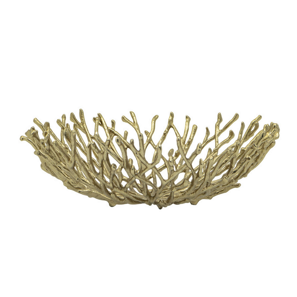 14 Inch Decorative Bowl, Aluminum, Tree Branch Design, Gold - BM302637