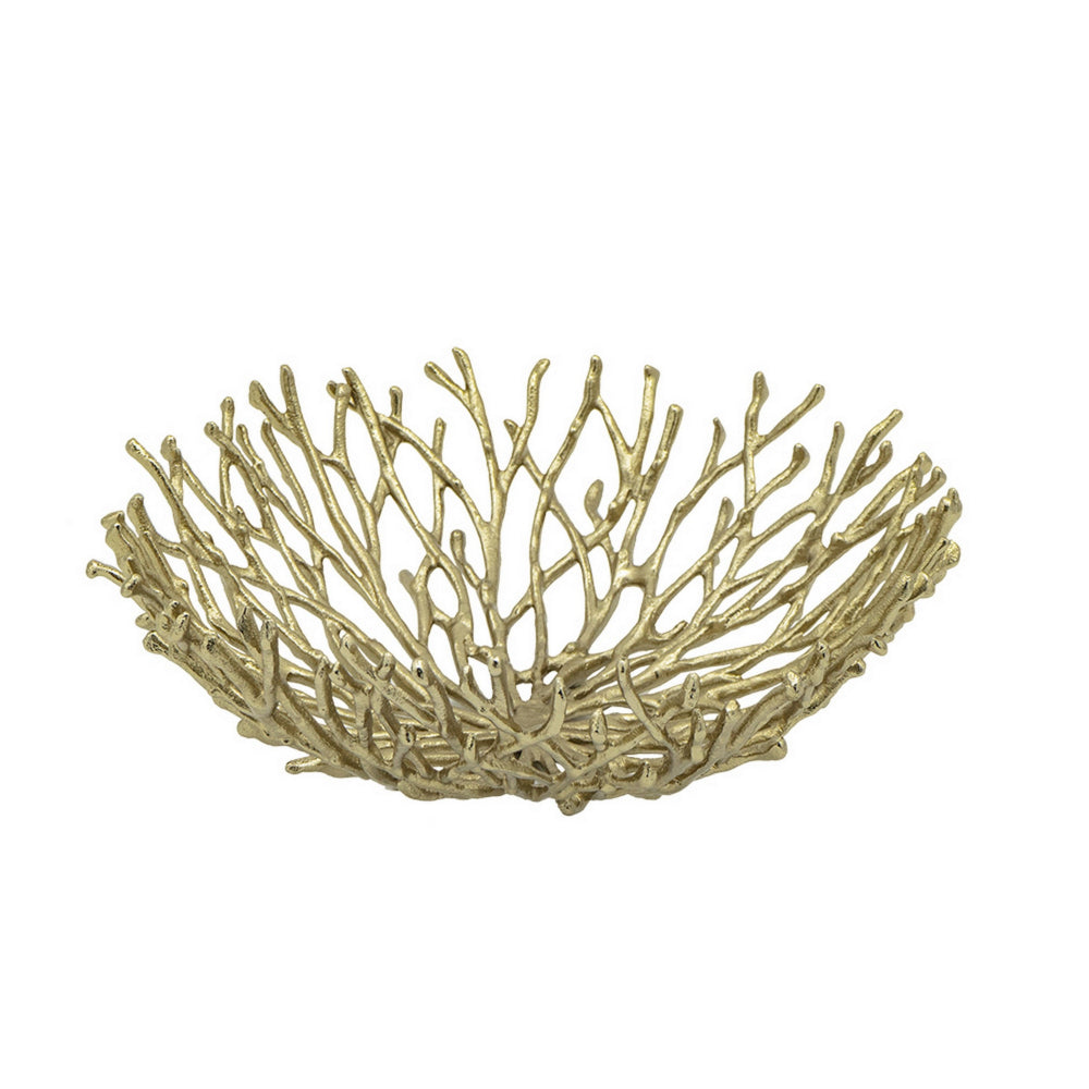 14 Inch Decorative Bowl, Aluminum, Tree Branch Design, Gold - BM302637