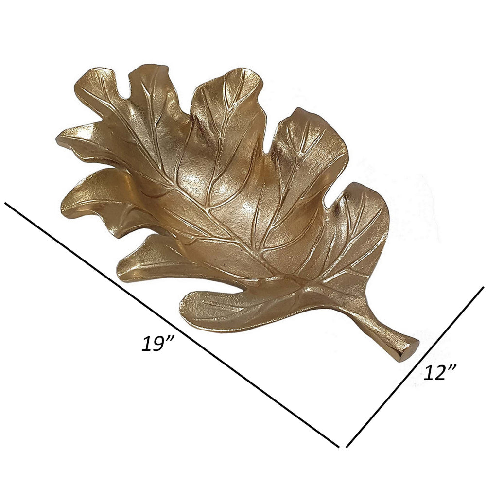 19 Inch Decorative Plate Tray, Oak Leaf Design, Gold Finished Aluminum - BM302646