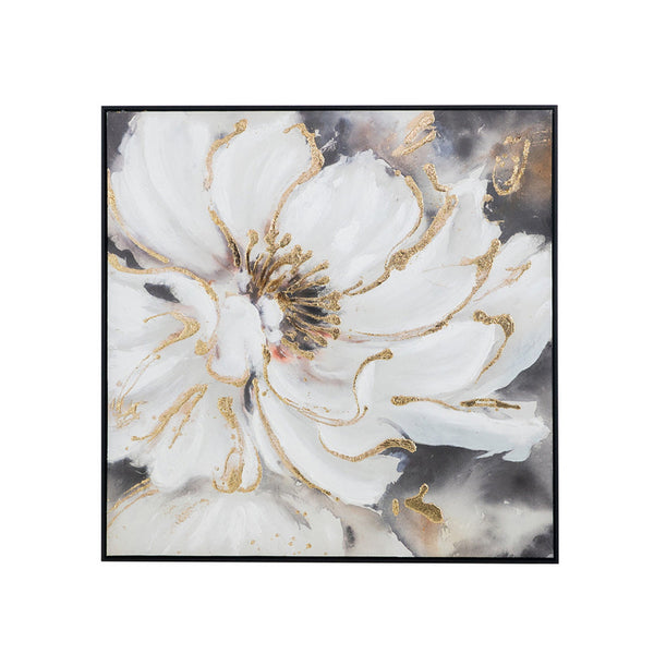 36 x 36 Inch Framed Wall Art, Floral Oil Painting On Canvas, White Gold - BM302654