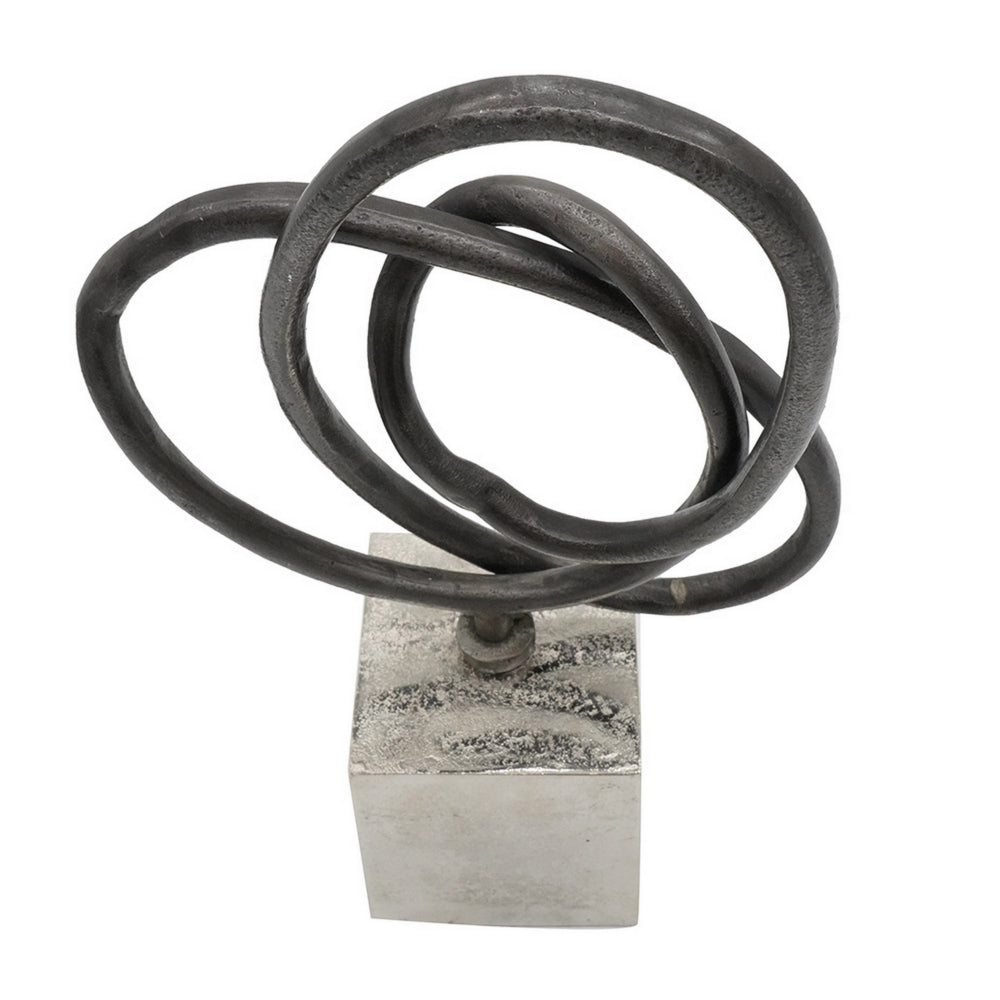 9 Inch Table Sculpture, Abstract Loop Design, Block Base, Black, Silver - BM302657