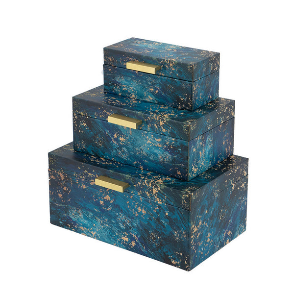 Set of 3 Decorative Rectangular Storage Boxes, Gold Handles, Blue Design - BM302659