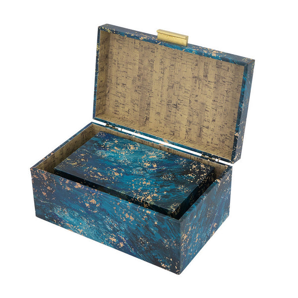 Set of 3 Decorative Rectangular Storage Boxes, Gold Handles, Blue Design - BM302659
