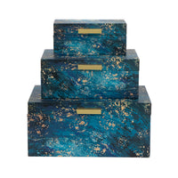 Set of 3 Decorative Rectangular Storage Boxes, Gold Handles, Blue Design - BM302659