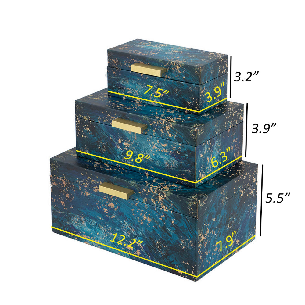 Set of 3 Decorative Rectangular Storage Boxes, Gold Handles, Blue Design - BM302659