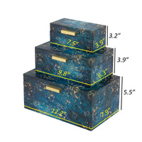 Set of 3 Decorative Rectangular Storage Boxes, Gold Handles, Blue Design - BM302659