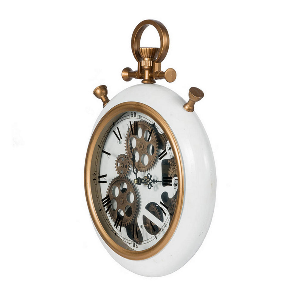 15 Inch Modern Roman Numeral Wall Clock, Iron, Plastic, White, Gold Finish - BM302663