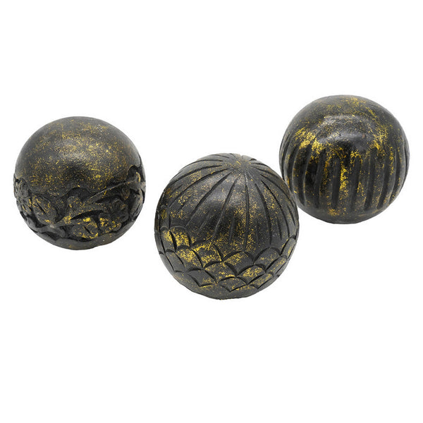 Set of 3 Decorative Tabletop Round Balls, Carved Mango Wood, Black, Yellow - BM302671