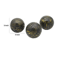 Set of 3 Decorative Tabletop Round Balls, Carved Mango Wood, Black, Yellow - BM302671