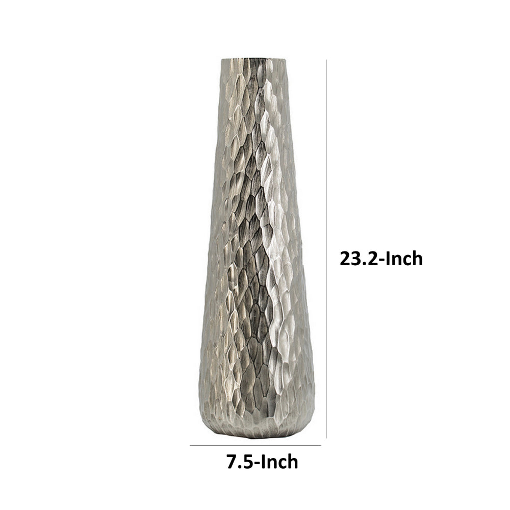 23 Inch Tall Oblong Vase, Diamond Textured, Tapered, Aluminum, Silver - BM302673