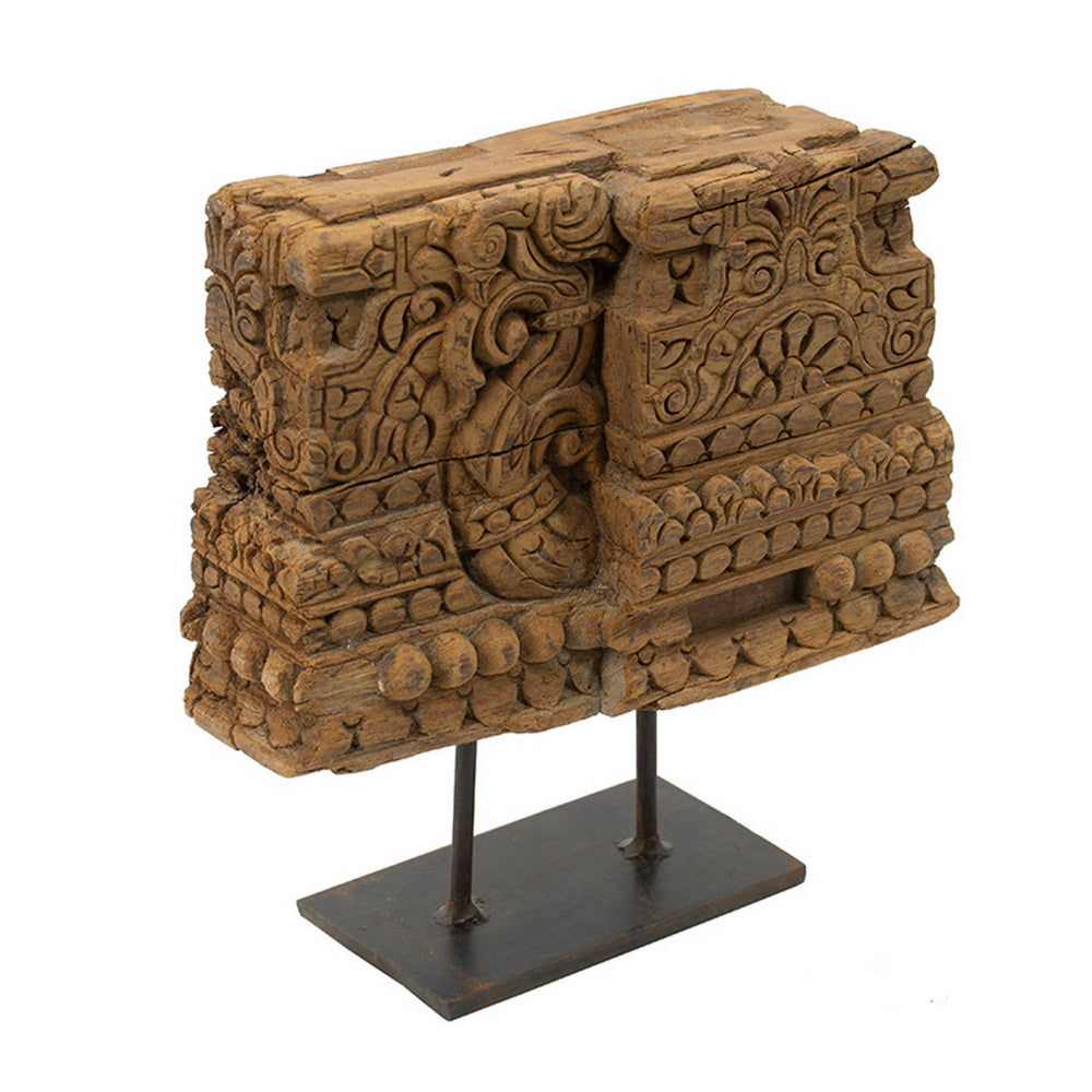 benzara 13 Inch Decorative Carved Tabletop Sculpture Brown Wood Black Metal Base - BM302678