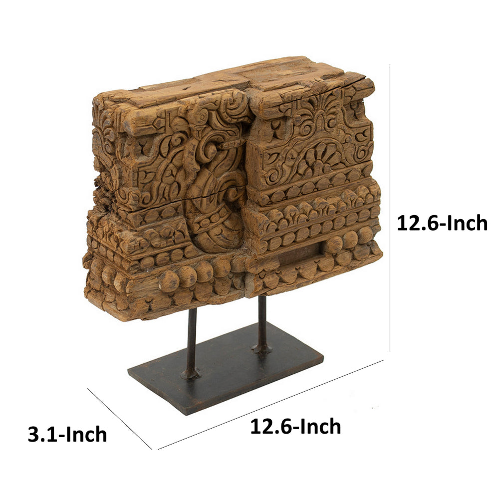13 Inch Decorative Carved Tabletop Sculpture, Brown Wood, Black Metal Base - BM302678