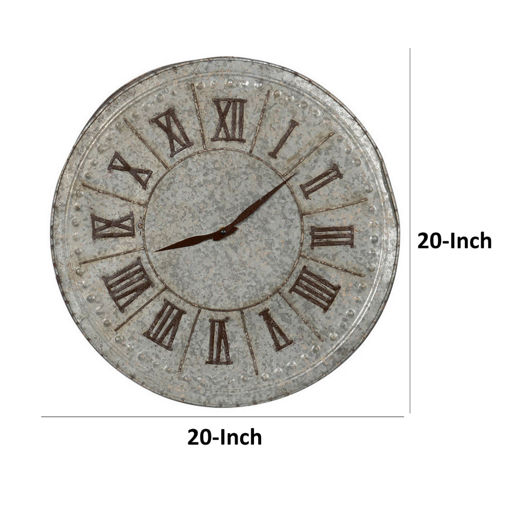 20 Inch Classic Round Wall Clock, Metal, Roman Numerals, Vintage Gray  - BM302683