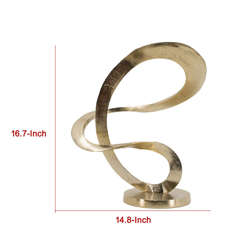 17 Inch Modern Sculpture, Gold Aluminum, Tabletop Decor Loop, Round Base - BM302686