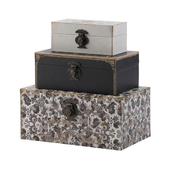 Set of 3 Decorative Boxes, MDF Frame, Black and Gray, Floral Printing  - BM302690