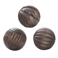 5 Inch Decorative Spheres, Set of 3 Balls, Carved Texture Mango Wood, Brown - BM302708