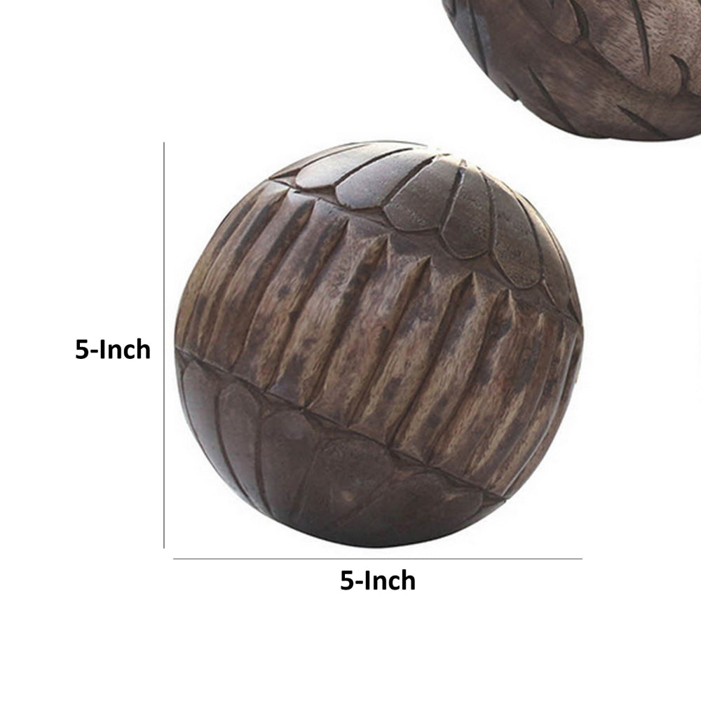 5 Inch Decorative Spheres, Set of 3 Balls, Carved Texture Mango Wood, Brown - BM302708