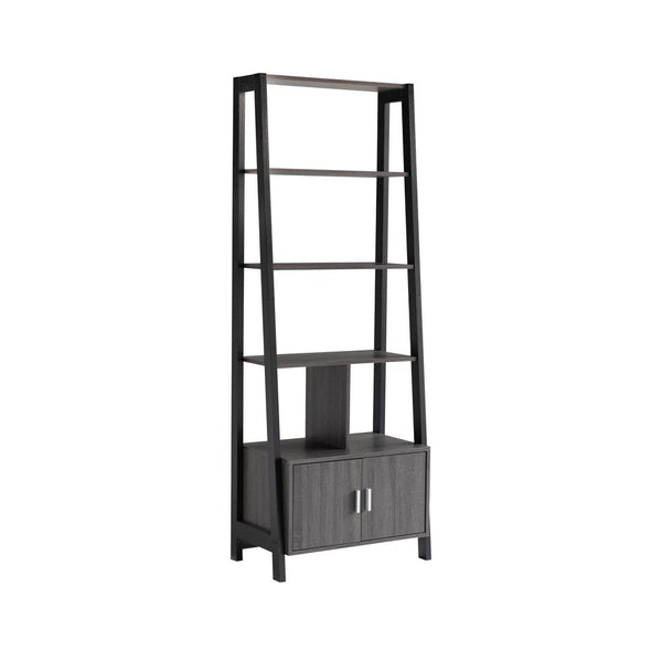 70 Inch Ladder Bookcase with Double Door Cabinet, 3 Shelves, Gray, Black - BM302951