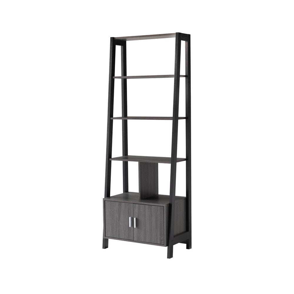 70 Inch Ladder Bookcase with Double Door Cabinet, 3 Shelves, Gray, Black - BM302951