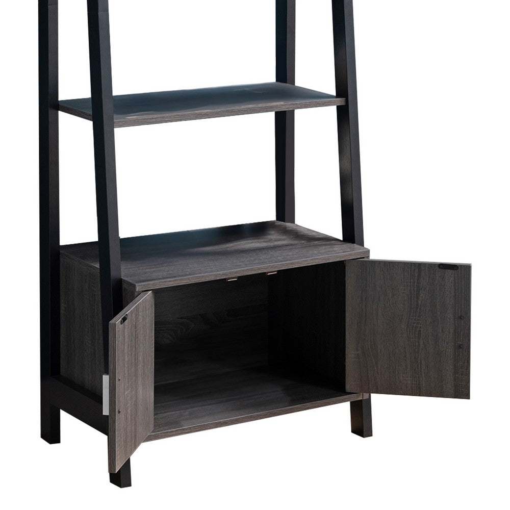 70 Inch Ladder Bookcase with Double Door Cabinet, 3 Shelves, Gray, Black - BM302951