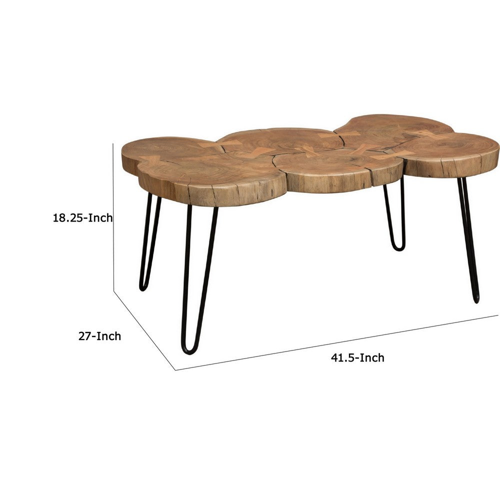 39 Inch Rectangular Coffee Table, Live Edge Wood Top, Metal Legs, Brown - BM303150