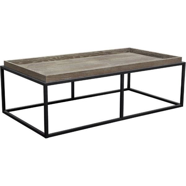 52 Inch Modern Coffee Table, Raised Tray Edges Rustic Oak Brown, Black - BM303156