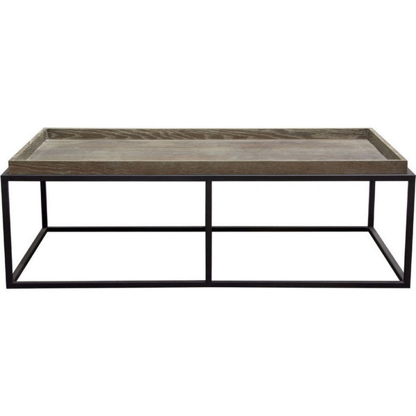 52 Inch Modern Coffee Table, Raised Tray Edges Rustic Oak Brown, Black - BM303156