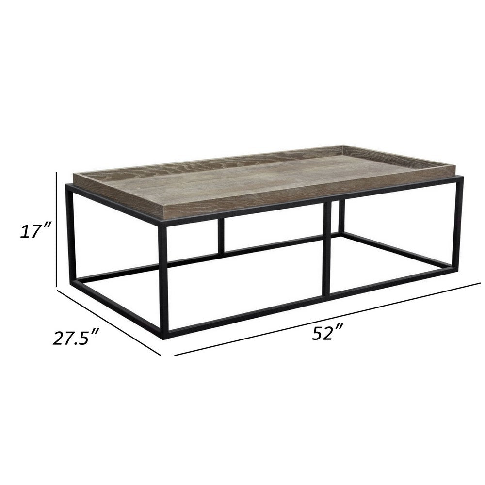 52 Inch Modern Coffee Table, Raised Tray Edges Rustic Oak Brown, Black - BM303156