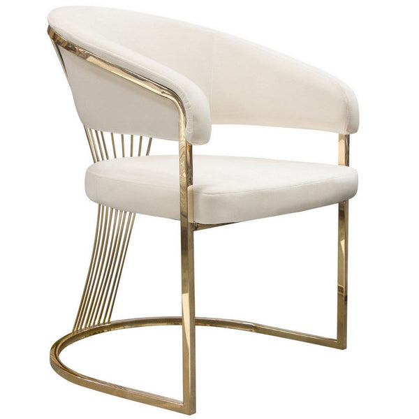 Emy 26 Inch Cantilever Barrel Dining Chair, Cream Velvet Upholstery, Gold - BM303167