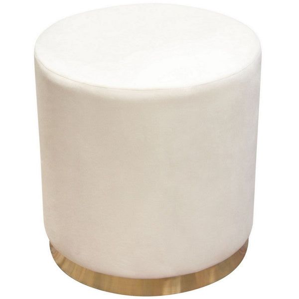 Himo 19 Inch Round Padded Ottoman, Gold Metal Base, Cream Velvet Upholstery - BM303168