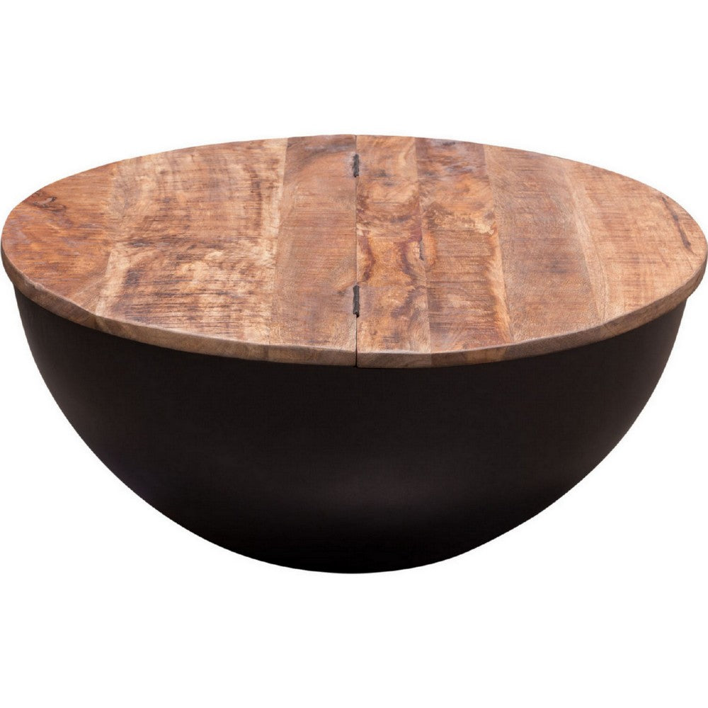 28 Inch Storage Coffee Table, Round Drum Silhouette, Brown Wood, Black Base - BM303182
