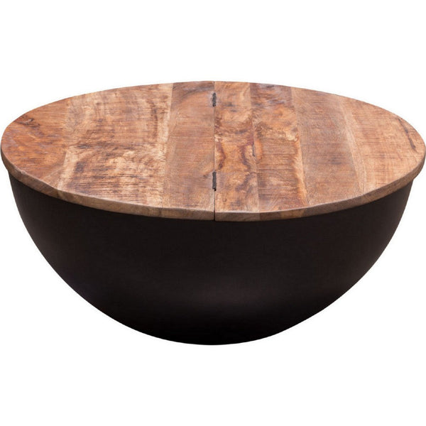 28 Inch Storage Coffee Table, Round Drum Silhouette, Brown Wood, Black Base - BM303182