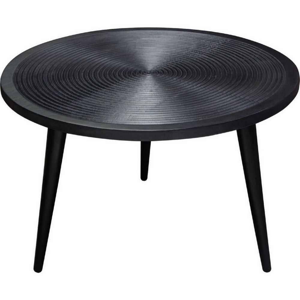 Vio 29 Inch Round Coffee Table, Embossed Surface Patterning, Black Wood - BM303204