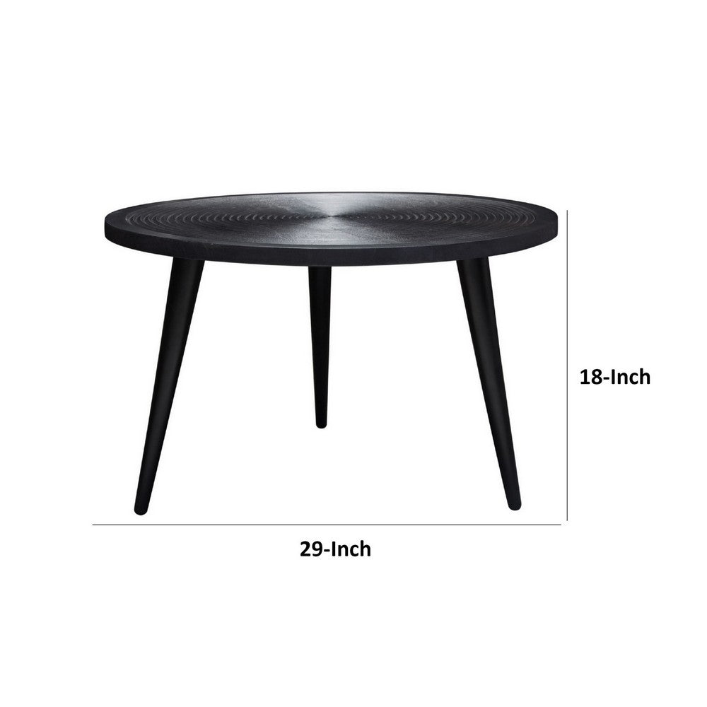 Vio 29 Inch Round Coffee Table, Embossed Surface Patterning, Black Wood - BM303204