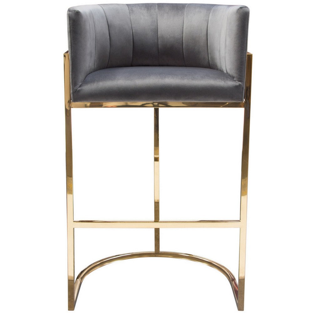 Meha 29 Inch Cantilever Bar Chair, Channel Tufted Back, Gray Velvet, Gold - BM303214