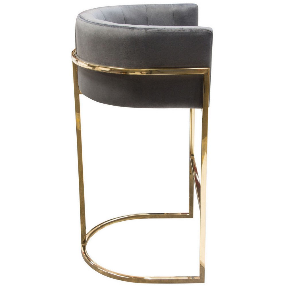 Meha 29 Inch Cantilever Bar Chair, Channel Tufted Back, Gray Velvet, Gold - BM303214