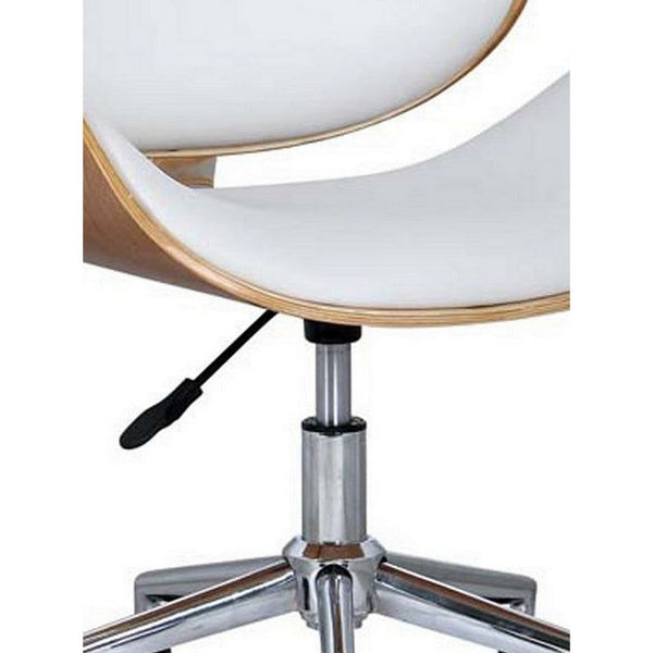 23 Inch Swivel Office Chair, Curved Wood Seat and Back, White Faux Leather - BM304614