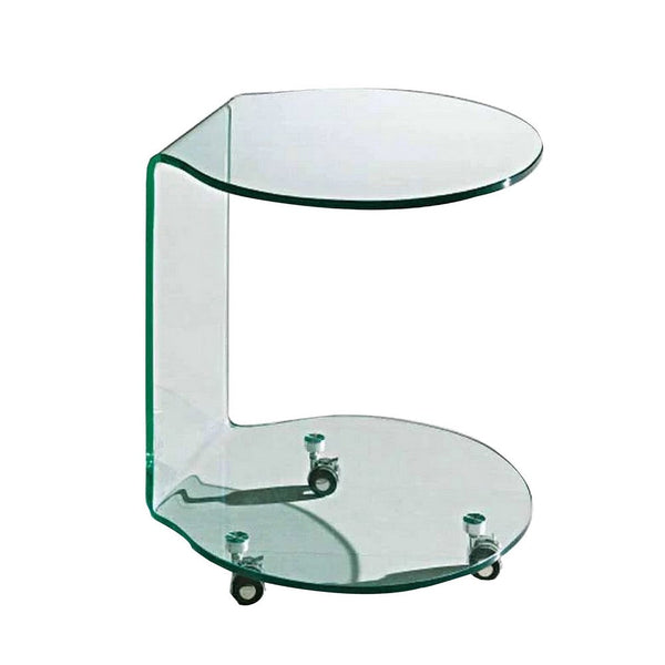 24 Inch Curved Glass End Table, Cylindrical Design, Caster Wheels, Clear - BM304671
