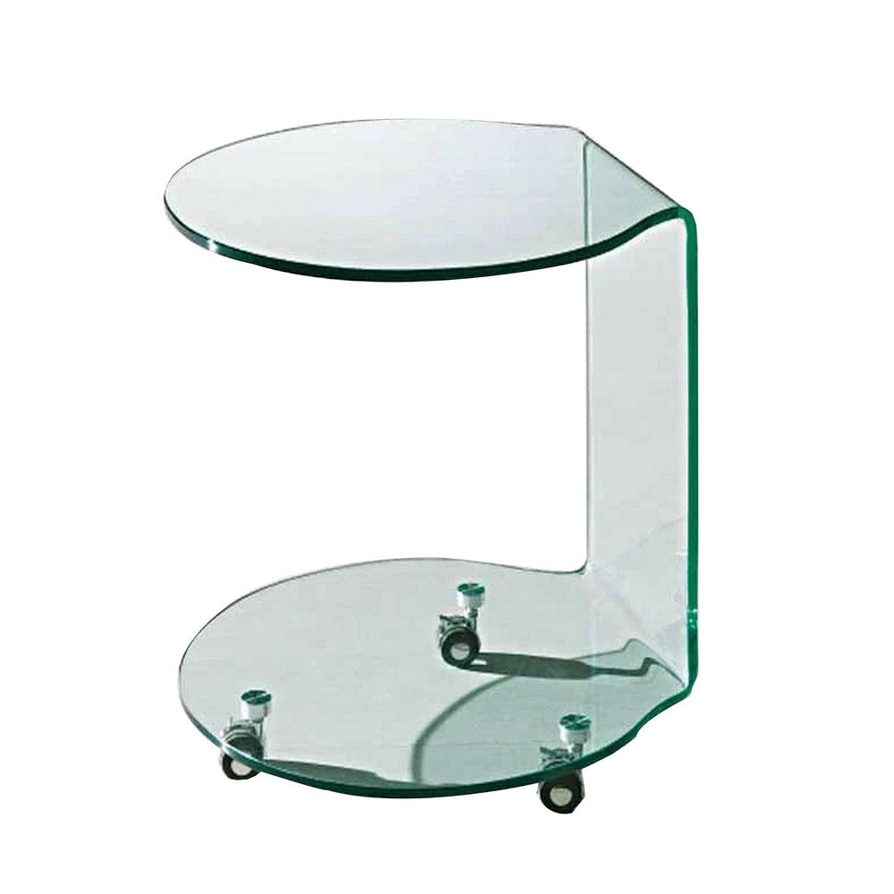 24 Inch Curved Glass End Table, Cylindrical Design, Caster Wheels, Clear - BM304671