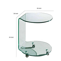 24 Inch Curved Glass End Table, Cylindrical Design, Caster Wheels, Clear - BM304671