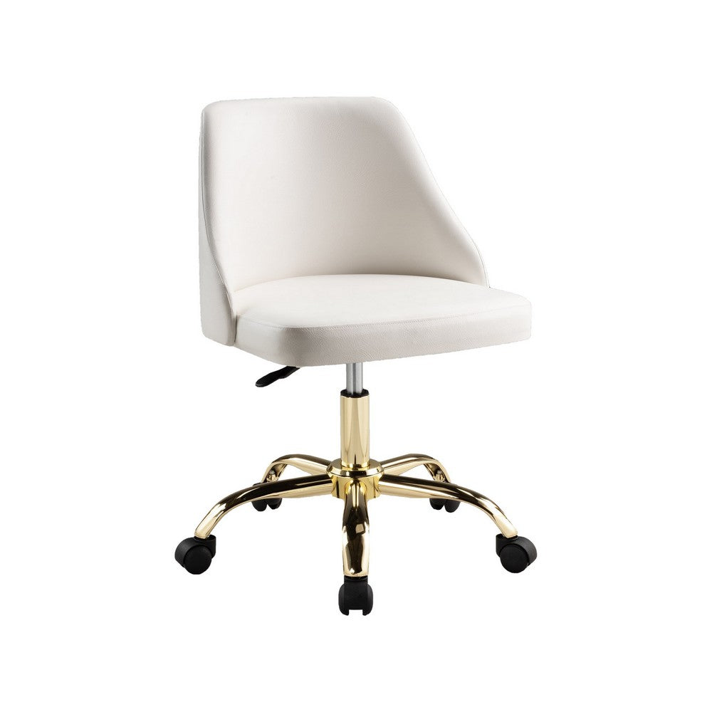 Yim 22 Inch Adjustable Swivel Office Chair, White Faux Leather, Gold Metal - BM304672