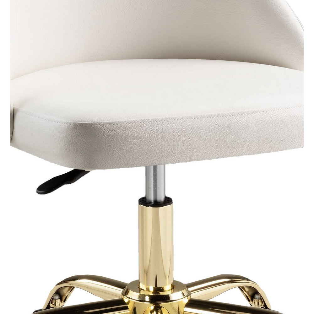 Yim 22 Inch Adjustable Swivel Office Chair, White Faux Leather, Gold Metal - BM304672