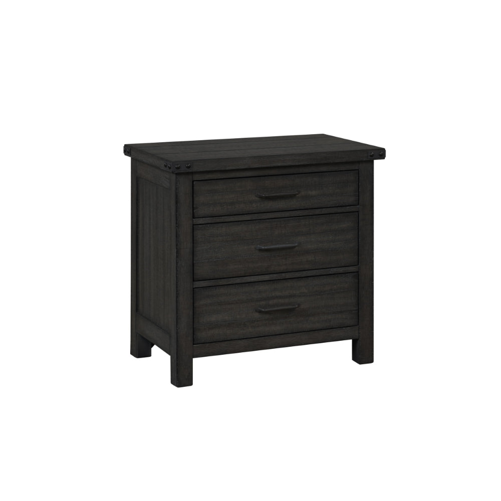 30 Inch 3 Drawer Nightstand, Weathered Smooth Gray Wood, Bracket Accents - BM304789