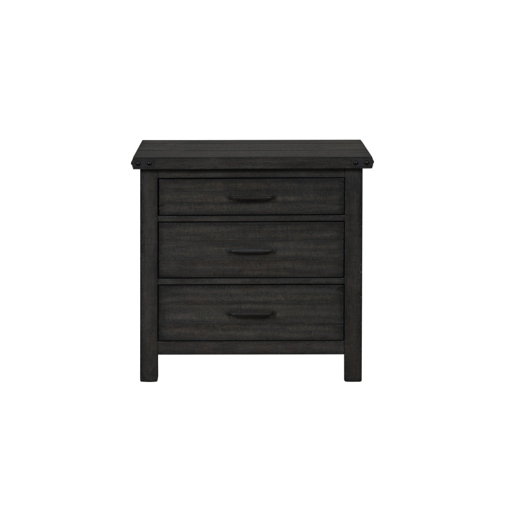 30 Inch 3 Drawer Nightstand, Weathered Smooth Gray Wood, Bracket Accents - BM304789