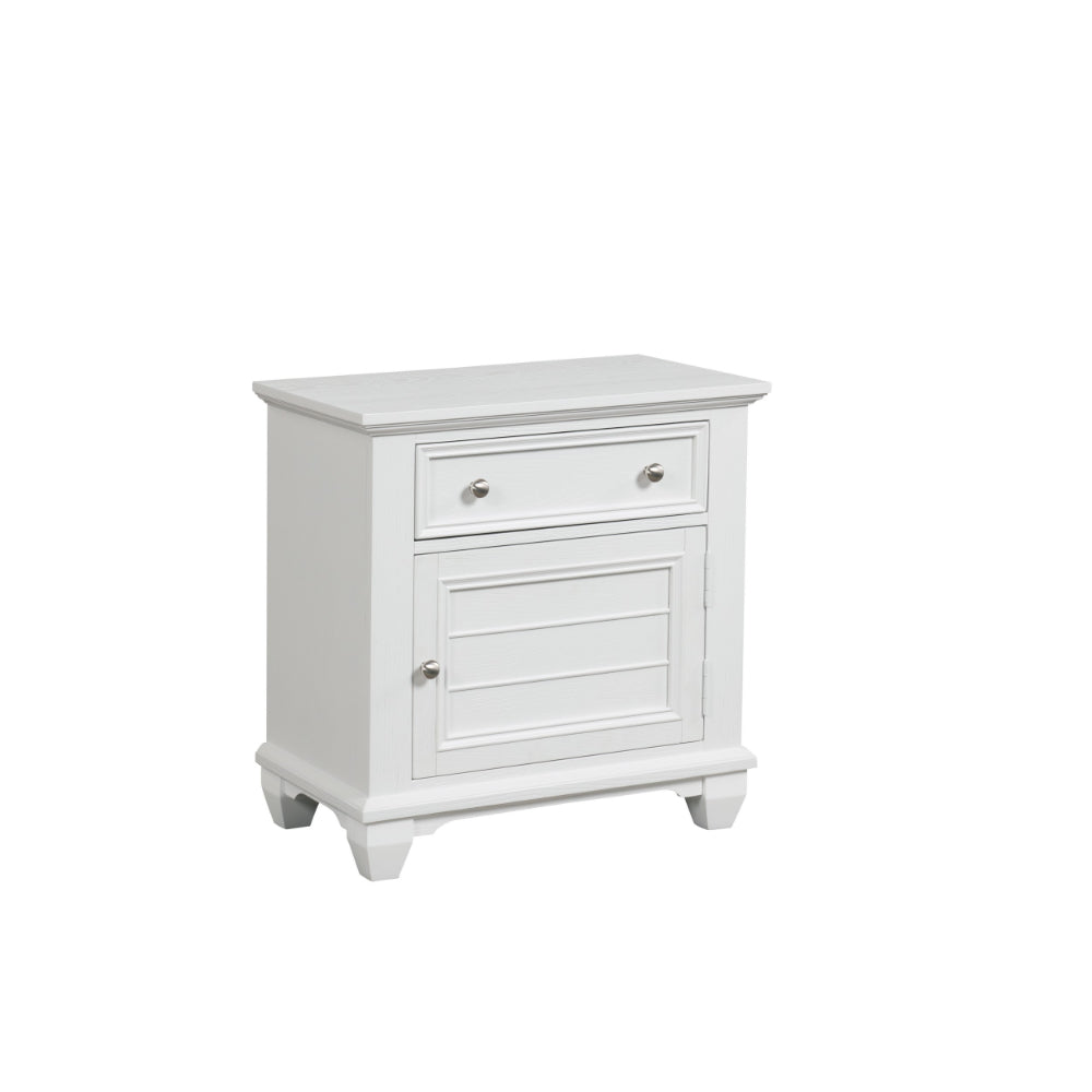 Jims 28 Inch Nightstand, Single Door and Drawer, Cup Handles, White Wood - BM304791